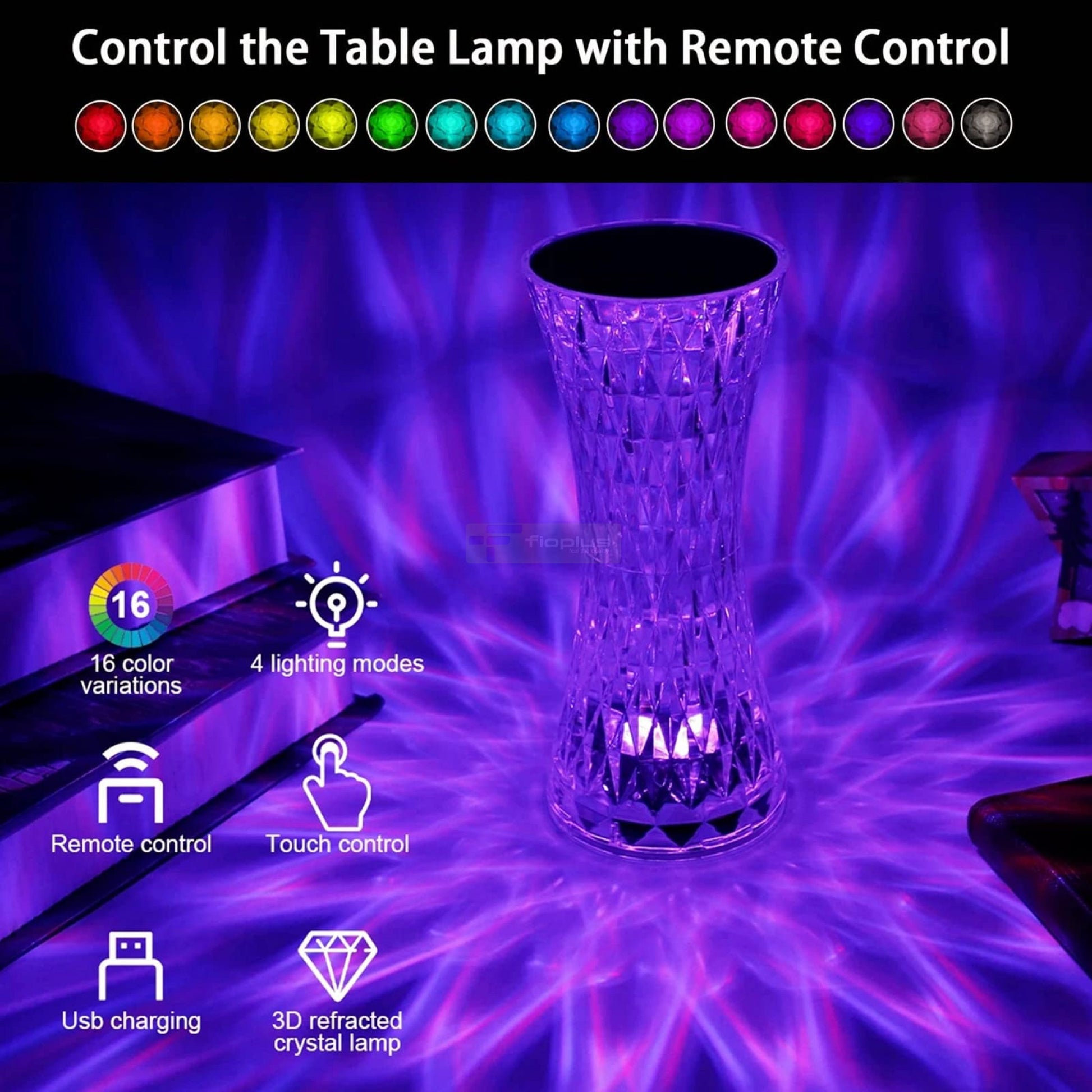 Fioplus KR1 Kristal Masa Lambası – 3D Işık Efekti, Uzaktan Kumandalı ve Dokunmatik RGB LED