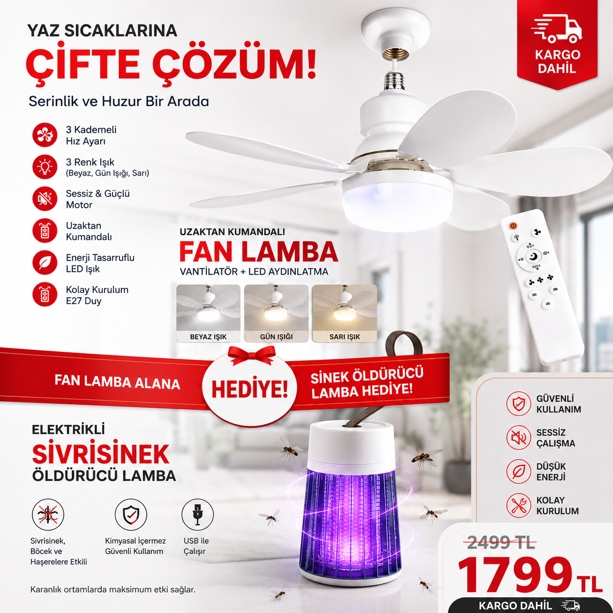 Uzaktan Kumandalı Fan Lamba + Sivrisinek Öldürücü HEDİYE | 3 Kademeli Hız Ayarı | E27 Duy | Kargo Dahil