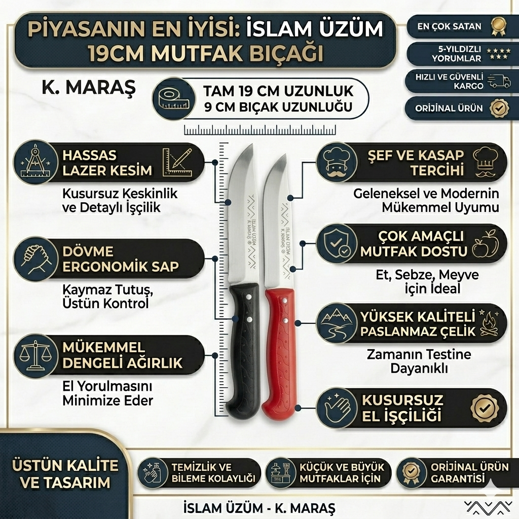 🏆 Profesyonel 1 Numara Mutfak Bıçağı - 19 cm Paslanmaz Çelik (Renk Seçenekli)