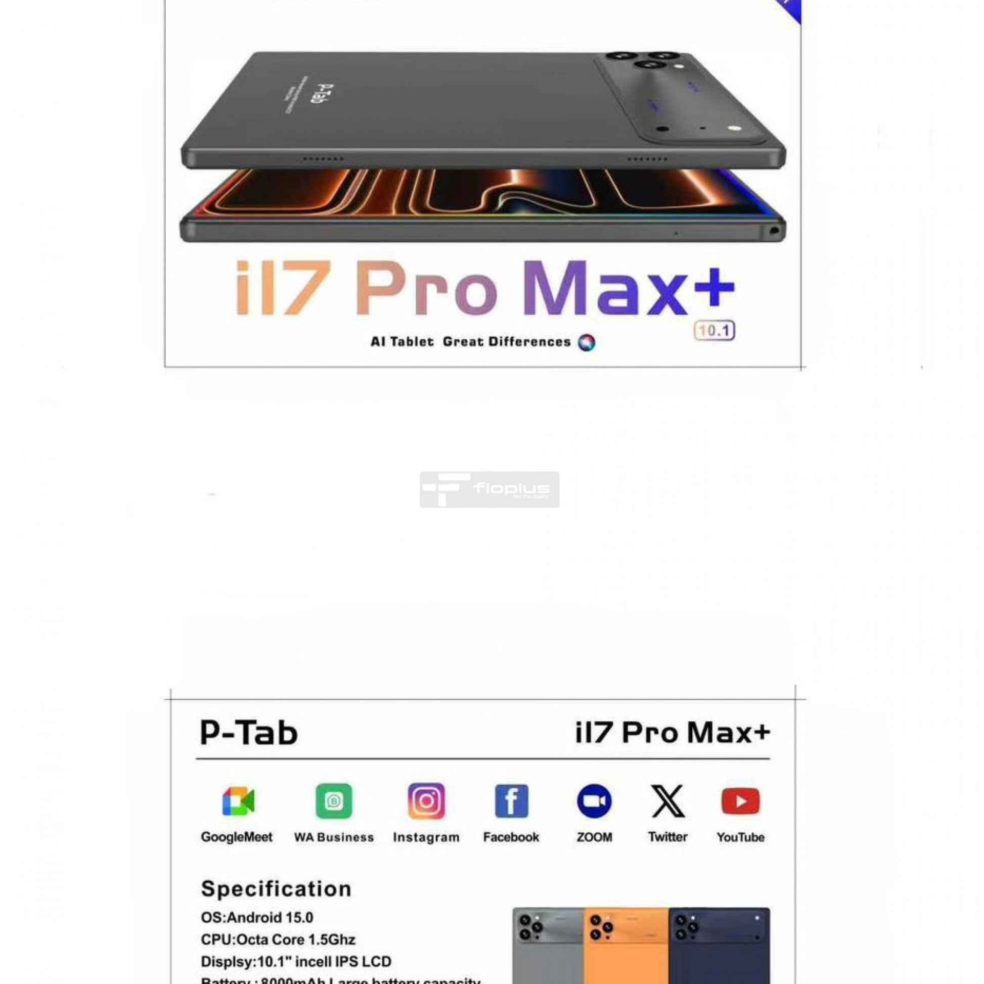 Fioplus P-Tab i17 Pro Max+ 10.1" 16GB RAM + 1TB ROM Android 15 Tablet